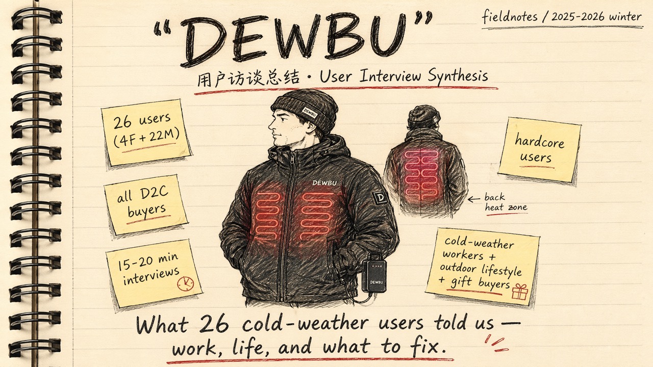 DEWBU 用户访谈封面：穿着 DEWBU 加热夹克的用户、26 个访谈对象、研究笔记封面
