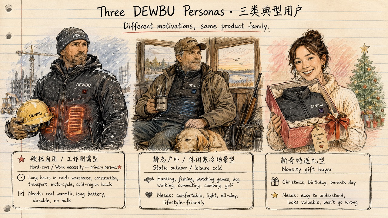 DEWBU 三类 Persona：硬核工作型 / 静态户外型 / 送礼型