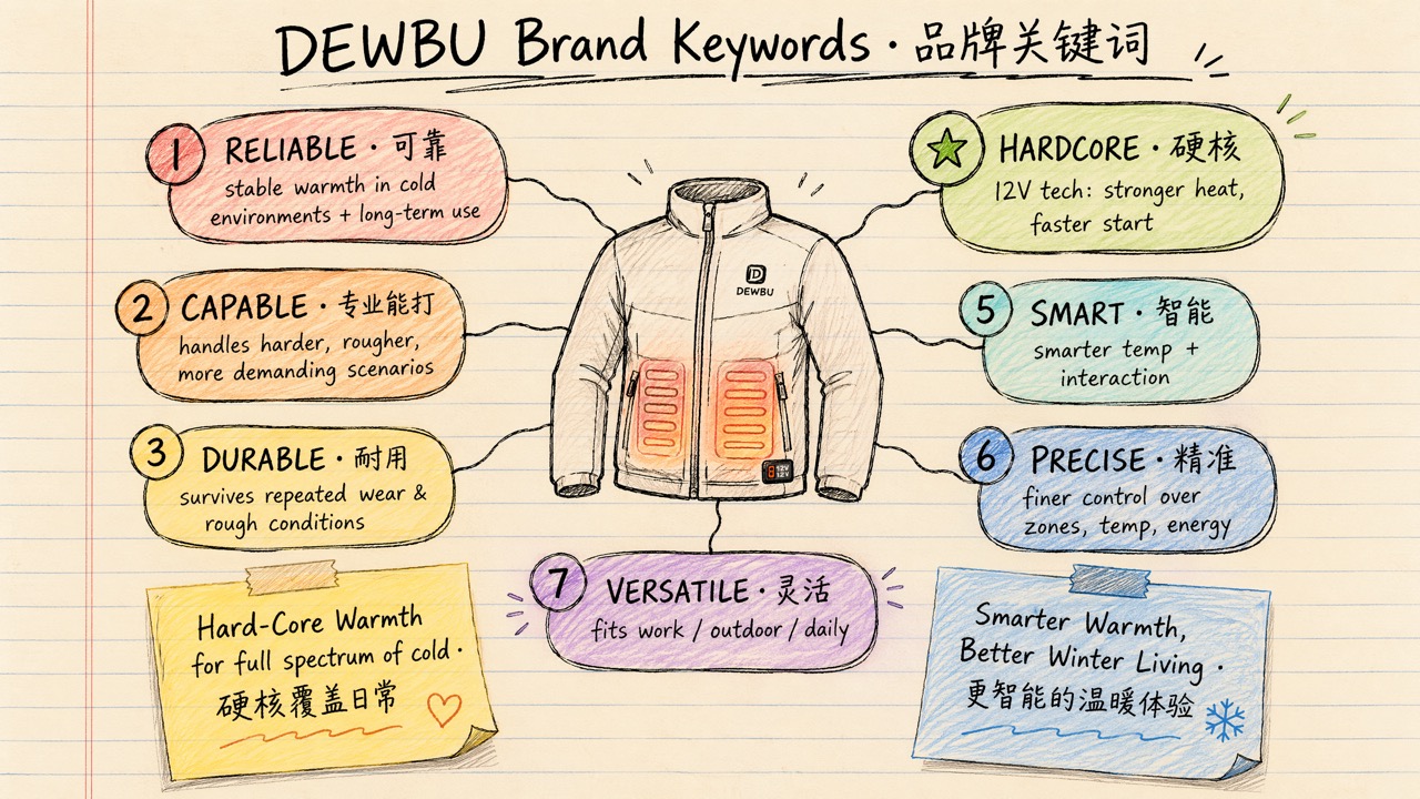 DEWBU 品牌关键词星座：Reliable / Capable / Durable / Hardcore / Smart / Precise / Versatile