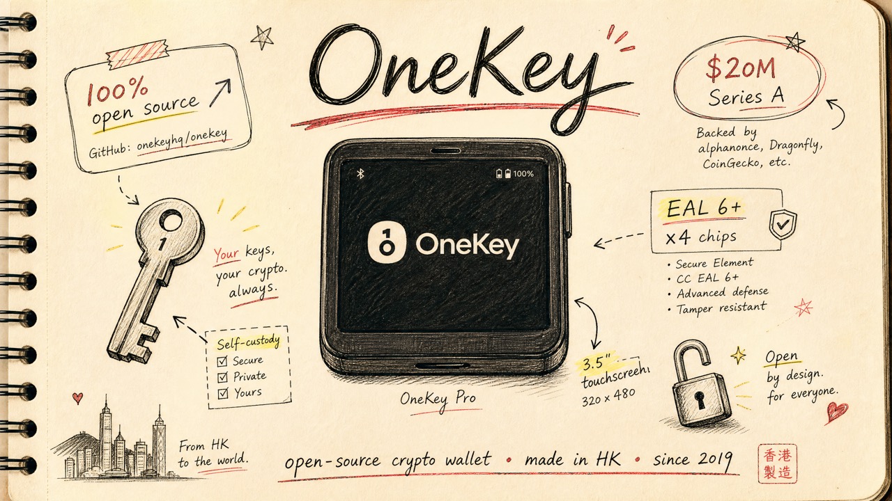 OneKey 调研笔记封面：OneKey Pro 硬件钱包 + 100% 开源、$20M Series A、EAL 6+ 安全芯片、自托管口号