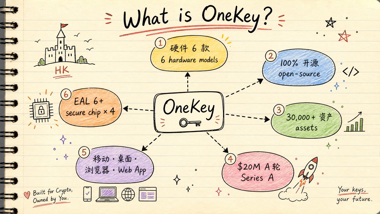 OneKey 雷达图：硬件 6 款 / 100% 开源 / 30,000+ 资产 / $20M A 轮 / 移动桌面浏览器 Web App / EAL 6+ 安全芯片 × 4