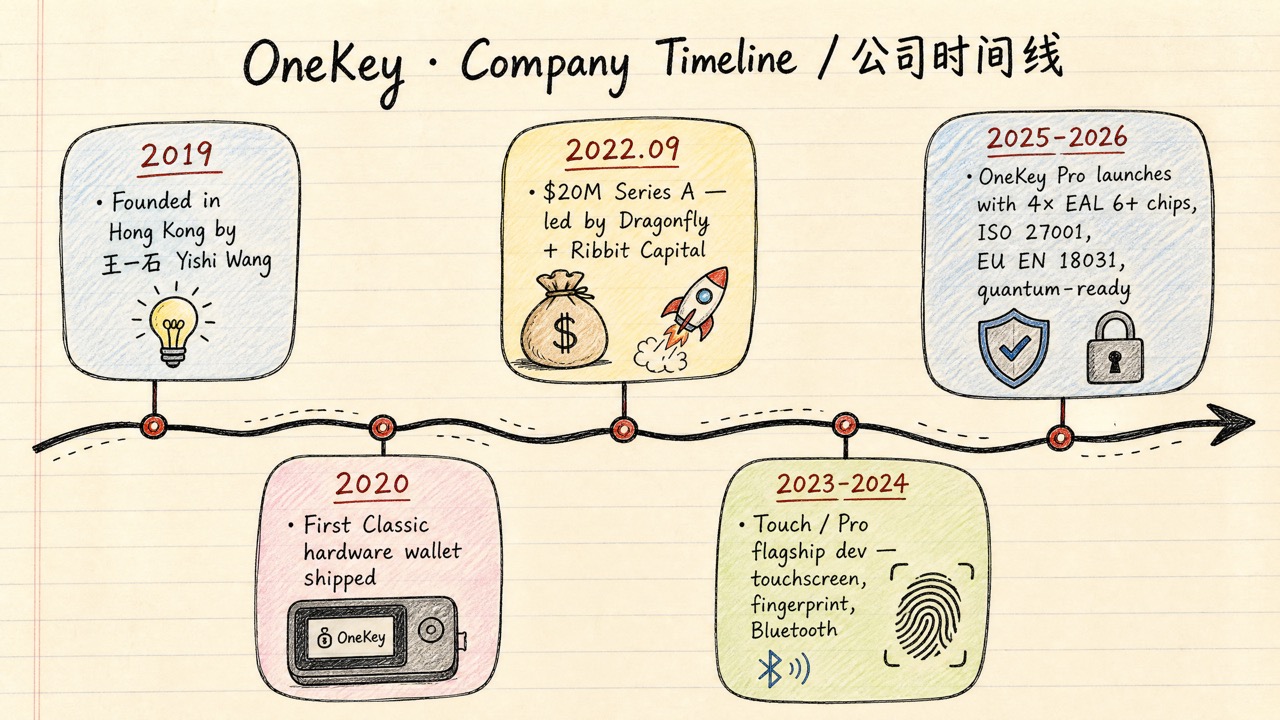 OneKey 公司时间线：2019 创立 / 2020 第一台 Classic / 2022.09 $20M A 轮 / 2023-2024 触屏旗舰研发 / 2025-2026 Pro + 多重认证