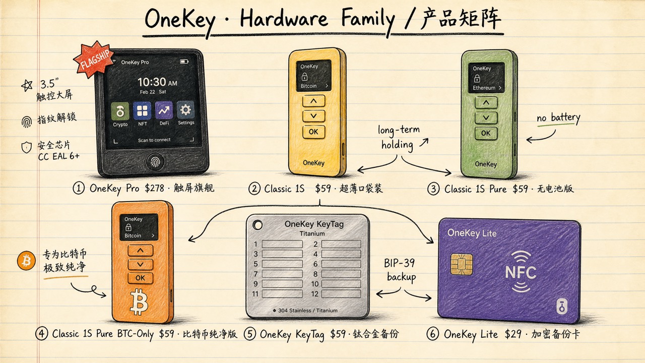OneKey 产品全家福：OneKey Pro $278 / Classic 1S $59 / Classic 1S Pure $59 / Classic 1S Pure BTC-Only $59 / KeyTag $59 / Lite $29