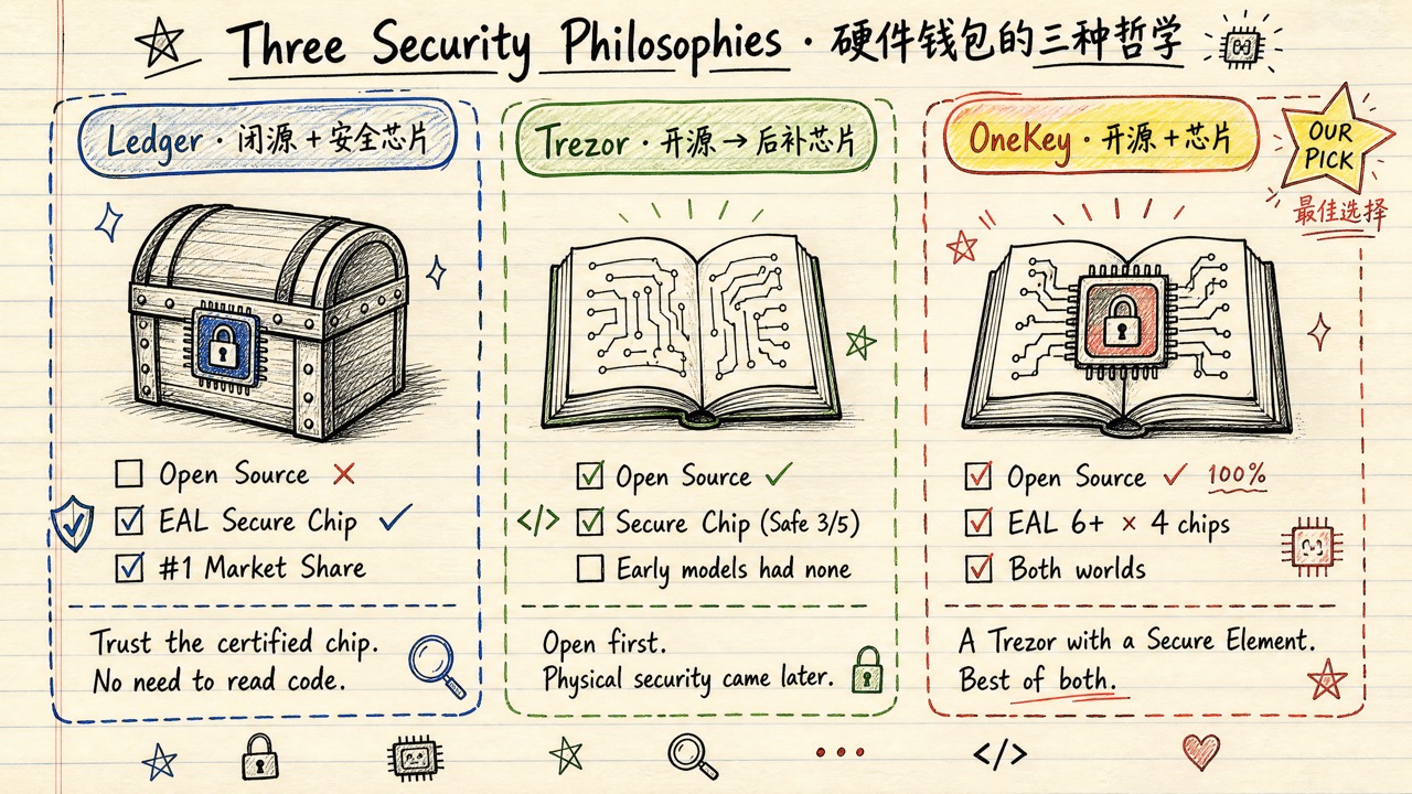 硬件钱包三种安全哲学对比：Ledger 闭源加芯片 / Trezor 开源后补芯片 / OneKey 开源加芯片