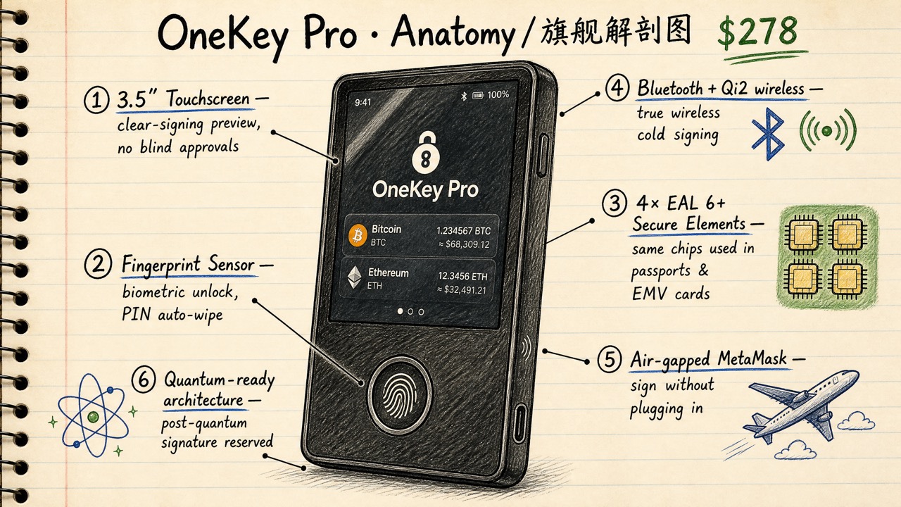 OneKey Pro 解剖图：3.5 寸触屏 / 指纹解锁 / 4 颗 EAL 6+ 安全芯片 / 蓝牙 + Qi2 无线 / 空气间隙 MetaMask / 抗量子签名预留